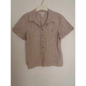 Sag Harbor Women's L Shirt Button Up Stripes Short Sleeve Top Linen Blend